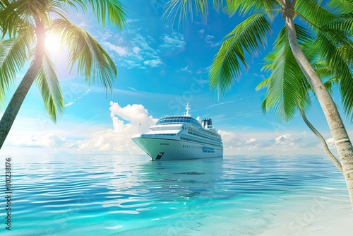A large cruise ship approaches an exotic tropical island with palm trees. photo