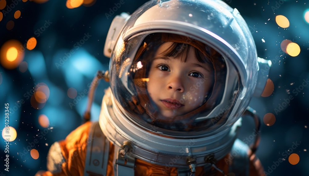 A young girl in a spacesuit with her helmet on, looking at the camera A young girl in a spacesuit with her helmet on, looking at the camera