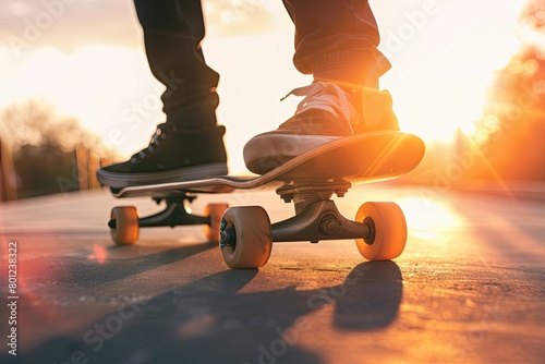 The legs of an unrecognized skateboarder ride on a board in the sunset. photo