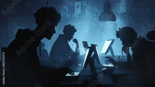 Shadowy silhouettes of cybercriminals at work, representing hackers and troll farms, with a dark, ominous backdrop suggesting online threats and cyber warfare