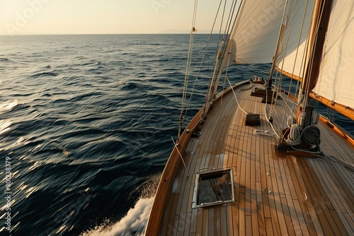 A sailing yacht is sailing at low speed on the sea. View from the mast. © index74