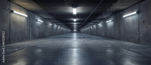 A long tunnel with blue lights along the walls and a dark background.. Empty underground background with blue lighting.