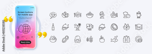 Coconut, Pasta and Latte coffee line icons for web app. Phone mockup gradient screen. Pack of Grill, Coffee-berry beans, Beer bottle pictogram icons. Vector