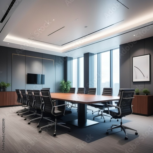 Interior of stylish open space office with grey and wooden walls, tiled floor and rows of wooden computer desks with white chairs. 3d rendering