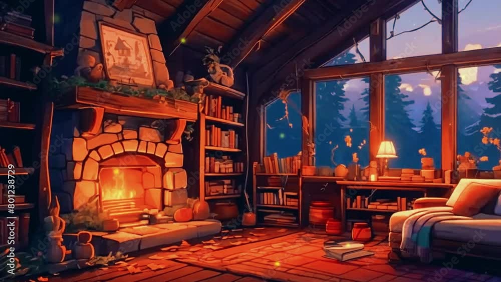 Cute cozy room living room virtual backgrounds. vtuber asset twitch zoom OBS, 2D Japanese Lo-fi Anime style Seamless loop hip-hop chill music lofi bites vibes Relaxing animation