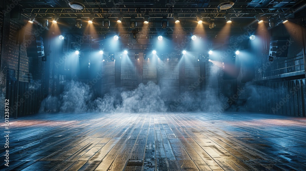 retro vintage interior theater stage with blue yellow spotlights shine on rustic floor with smoke drifting around, background backdrop, Generative Ai
