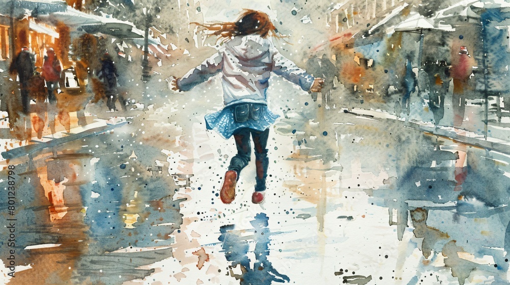 Obraz premium Watercolor illustration of a little girl jumping through puddles on a pedestrian street