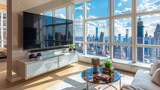 An upscale apartment interior with a contemporary high-gloss lacquered TV stand supporting a large wall-mounted TV, showcasing luxurious furnishings and expansive city views.