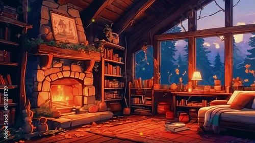 Cute cozy room living room virtual backgrounds. vtuber asset twitch zoom OBS, 2D Japanese Lo-fi Anime style Seamless loop hip-hop chill music lofi bites vibes Relaxing animation photo