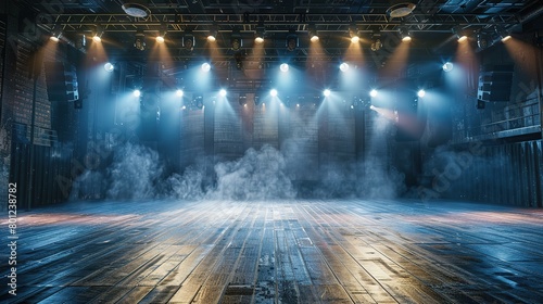 retro vintage interior theater stage with blue yellow spotlights shine on rustic floor with smoke drifting around  background backdrop  Generative Ai