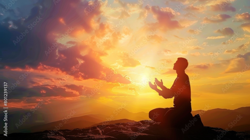Silhouette of a person kneeling with his arms open and looking at the sky at sunset Silhouette of a person kneeling with his arms open and looking at the sky at sunset