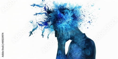 Man holding his head explosion blue paint stress mental health white background