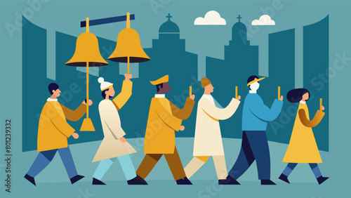 The silhouettes of people marching in a procession carrying smaller bells and singing songs of freedom as they make their way to the main ceremony. Vector illustration