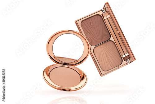 Compact make-up powder and Face contouring palette levitation on white background