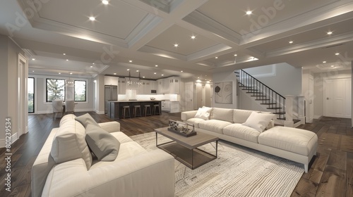 Open Concept Living Room Entertainment Space: A 3D image showcasing an open-concept living room designed as an entertainment space