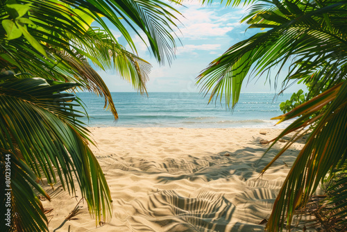 and summer vacation concept. beautiful background sandy beach and ocean and palm leaves. tropical island landscape