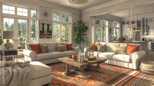 Open Concept Living Room Family Gathering: A 3D image capturing an open-concept living room ideal for family gatherings