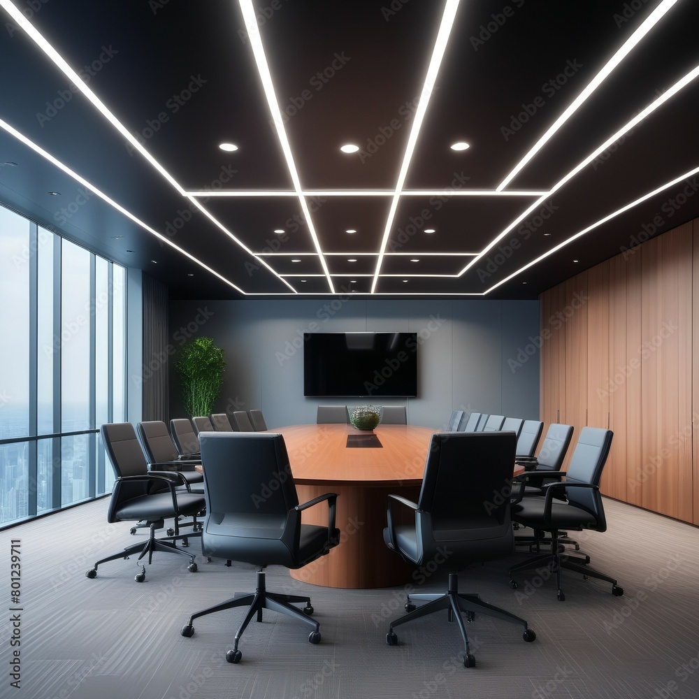 Interior of stylish open space office with grey and wooden walls, tiled floor and rows of wooden computer desks with white chairs. 3d rendering Interior of stylish open space office with grey and wooden walls, tiled floor and rows of wooden computer desks with white chairs. 3d rendering