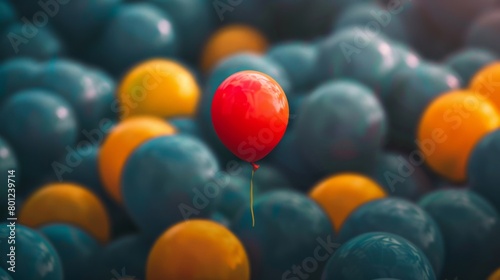 The concept of standing out, leadership, originality, and independence. A bright, vibrant balloon that stands out from the crowd. A metaphor for individuality and the courage to be different