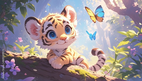 A cute cartoon baby tiger cub with big blue eyes  sitting on the edge of a tree branch in a forest  with colorful butterflies flying around. Sunlight is shining through the dense jungle