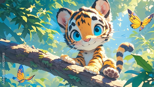 A cute cartoon baby tiger cub with big blue eyes  sitting on the edge of a tree branch in a forest  with colorful butterflies flying around. Sunlight is shining through the dense jungle