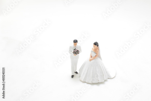 Miniature people   groom and bride on white background