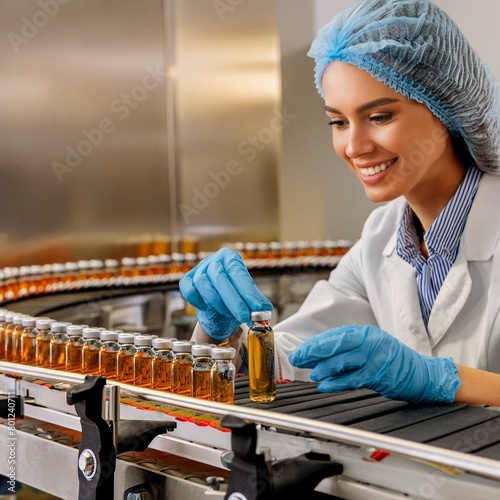 Pharmacist scientist with sanitary gloves examining medical vials on a production line_ photo