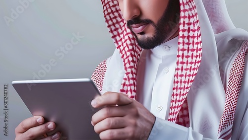 Arabic man wearing a Saudi bisht and traditional white shirt, is looking at the table he is holding. photo