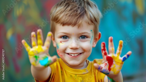 Happy little boy playing with paint