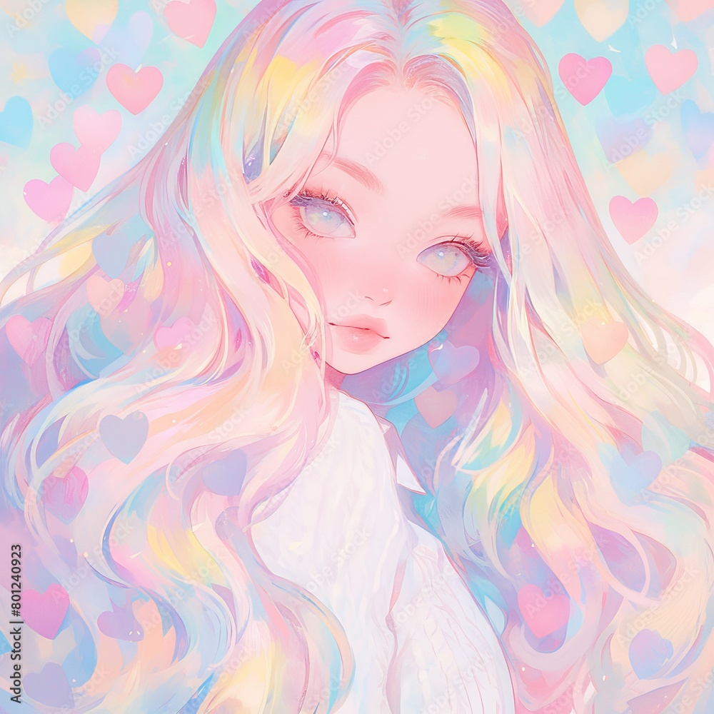 A cute girl with long hair surrounded by colorful hearts, in the style of soft watercolors. Colorful cartoon illustration