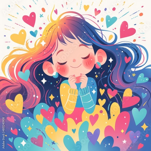 A cute girl with long hair surrounded by colorful hearts and rays of light. 