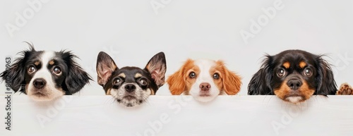 Dogs and cats peeking over a white wall, showcasing various dog breeds © Alexei