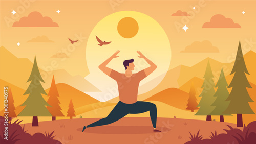 The warm sun casts a golden glow on a man as he practices sun salutations in a serene meadow surrounded by tall trees and chirping birds..