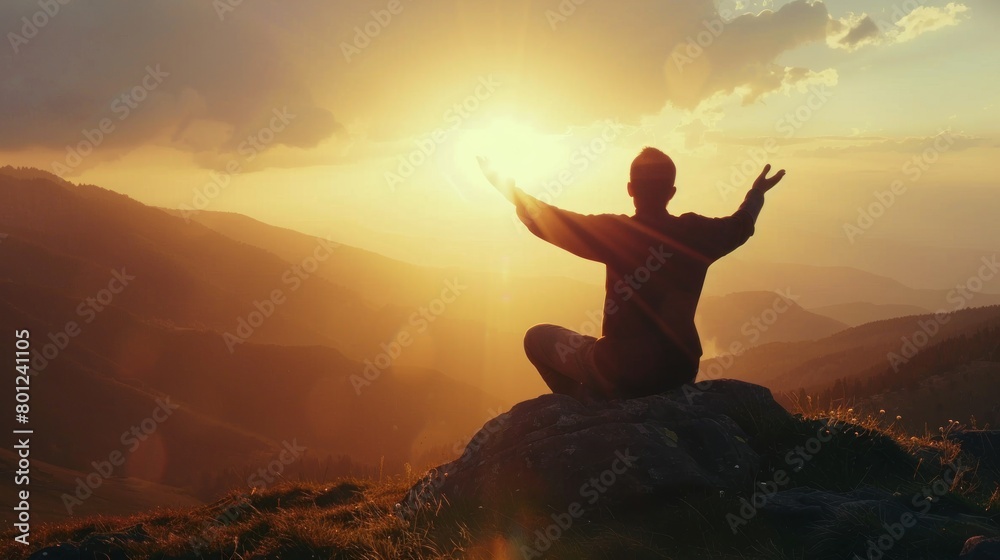 Silhouette of a person kneeling with his arms open and looking at the sky at sunset