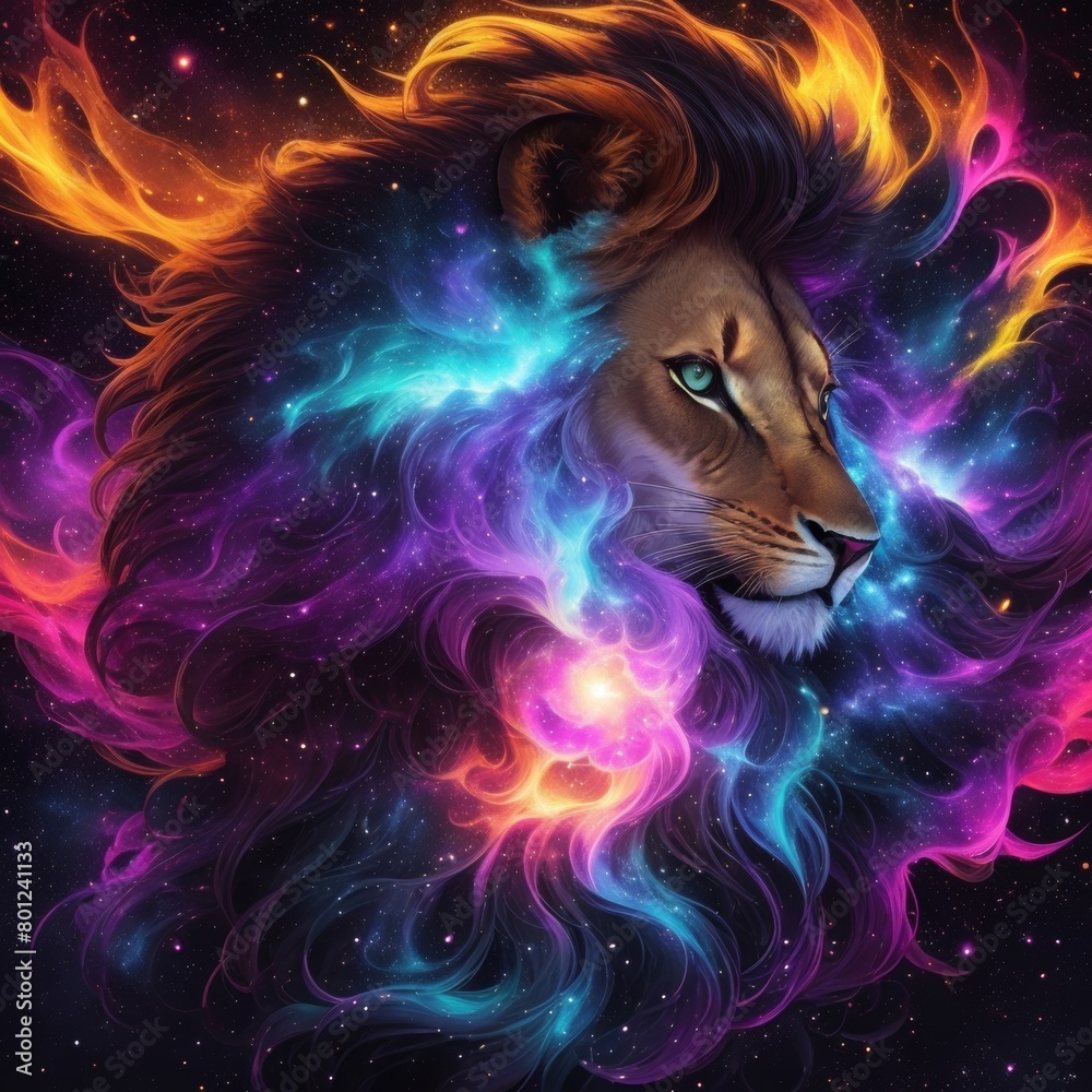 Beautiful Illustration Of A Lion's Face On A Nebula In The Space, Closeup, Colorful