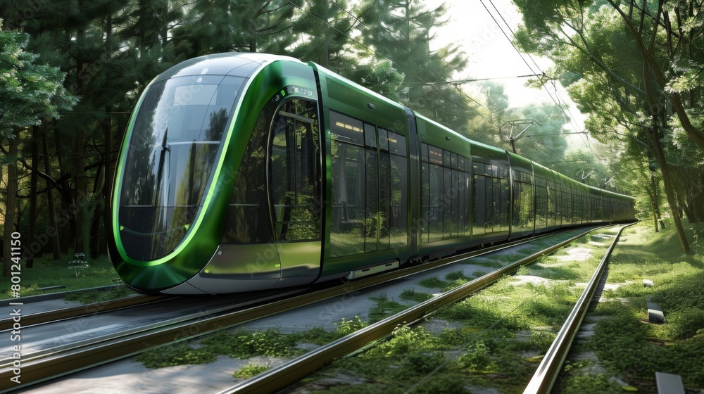 Naklejka premium This is a conceptual depiction of sustainable public transportation systems, specifically focusing on the tram. The role of trams in reducing traffic congestion and environmental impact