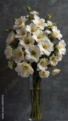 bouquet of white flowers in modern glass vase. dark gray stone background