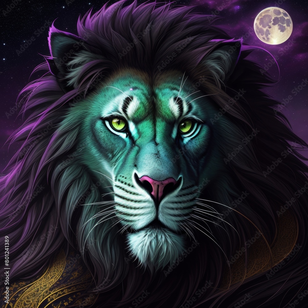 Beautiful Illustration Of A Lion's Face On The Night Sky, Closeup, Green And Purple, Moon In The Back