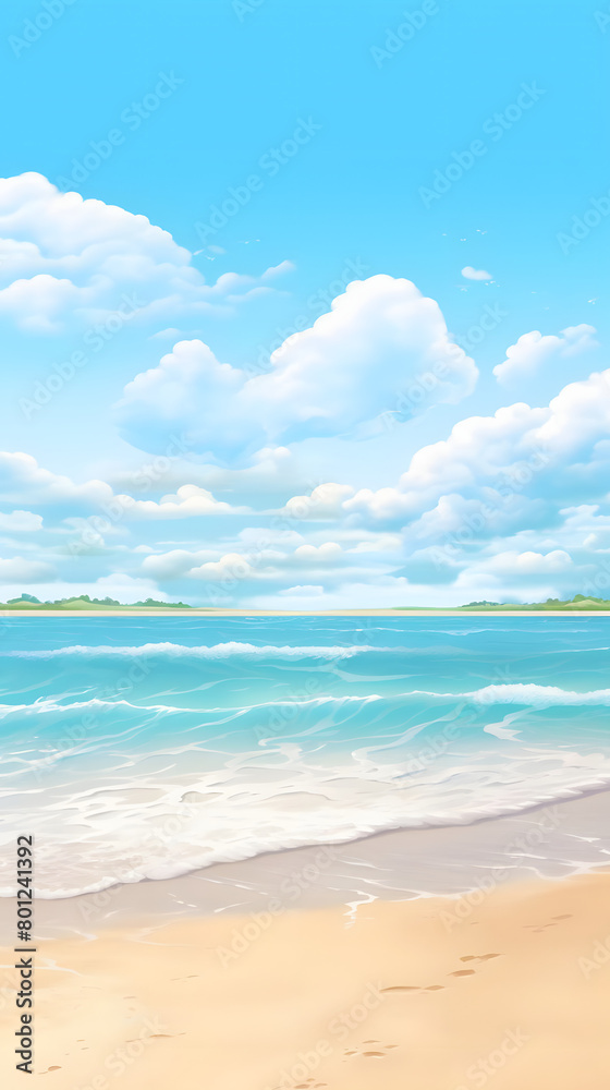Seashore Delight, Sandy Beach, Sunny Skies. Realistic Beach Landscape. Vector Background