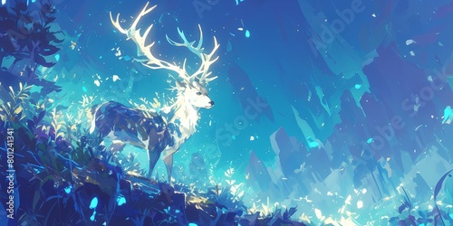 A deer with glowing antlers stands in the dark forest, surrounded in the style of mysterious light effects and glowing plants. The blue color scheme creates an atmosphere of mystery and magic.