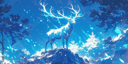 A deer standing in the dark forest, glowing with white light on its tree branches and antlers, with fireflies on its back, magical, fantasy