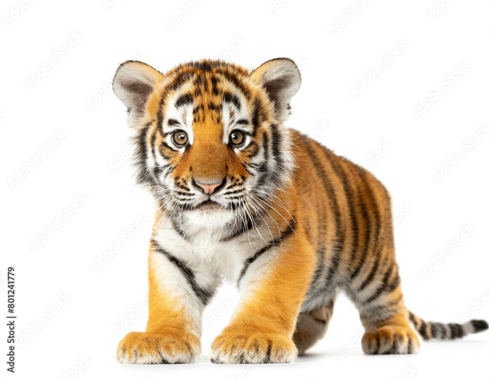 Baby Tiger auf vier beinen isoliert auf weißen Hintergrund, Freisteller