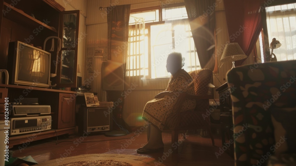 Woman relaxing in a sunlit living room, sitting in a chair with sun shining through window in cozy home ambiance