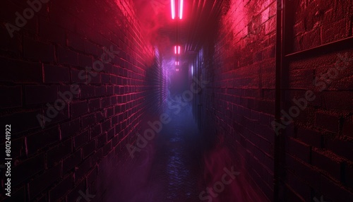 Dark and gloomy fog in a club with neon-lit retro brick walls and an empty corridor