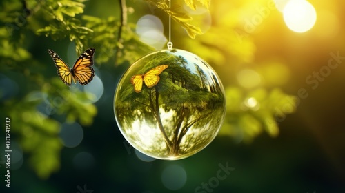 an earthly crystal glass ball and a growing tree, a flying yellow butterfly on a green sunny background ,reflection photo