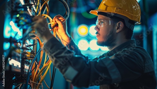An internet technician maintains a fiber optic connection