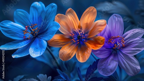 This is an image of three flowers. The flowers are blue, orange, and purple.