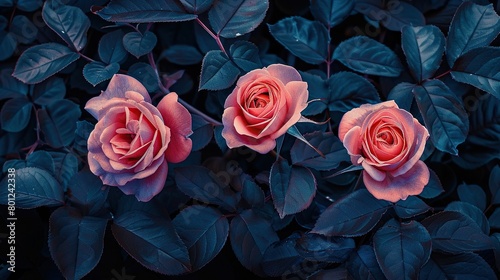 The image is of three pink roses with dark blue leaves in the background.  