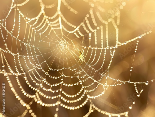 close-up view of a delicate spider web glistening in the soft light of morning dew. Each intricate strand of silk is meticulously woven by the industrious spider,  ©  Photography Magic
