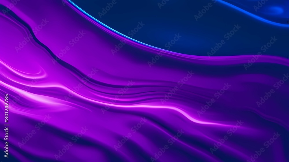 Naklejka premium Abstract wavy background in purple and blue hues with a glossy, liquid metal appearance, wallpapers, or graphic design elements. Black blue purple silk satin. Сopy space for text or product 